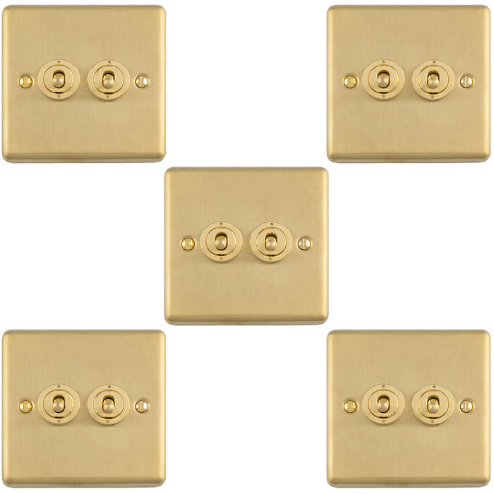 5 PACK 2 Gang Double Retro Toggle Light Switch SATIN BRASS 10A 2 Way Lever Plate