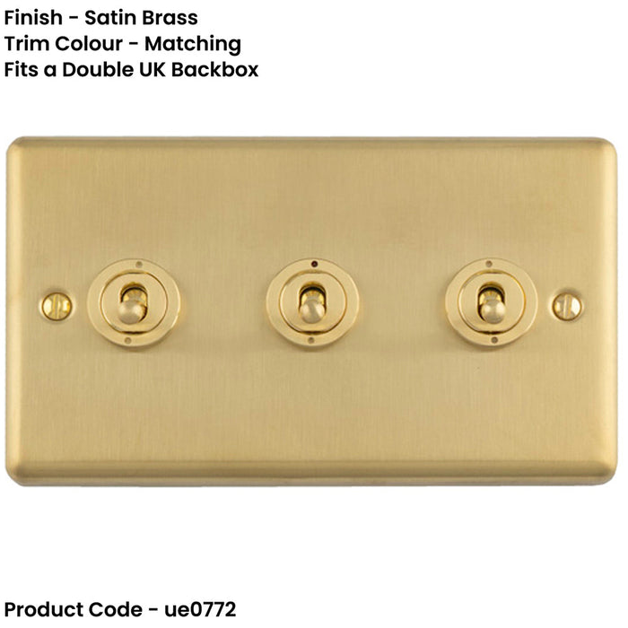 3 Gang Triple Retro Toggle Light Switch SATIN BRASS 10A 2 Way Lever Plate