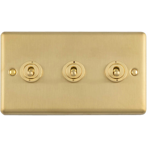 3 Gang Triple Retro Toggle Light Switch SATIN BRASS 10A 2 Way Lever Plate