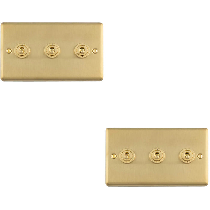 2 PACK 3 Gang Triple Retro Toggle Light Switch SATIN BRASS 10A 2 Way Lever Plate