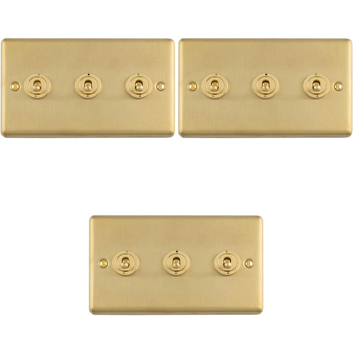 3 PACK 3 Gang Triple Retro Toggle Light Switch SATIN BRASS 10A 2 Way Lever Plate