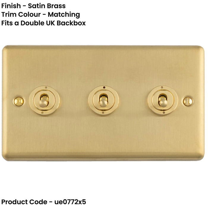 5 PACK 3 Gang Triple Retro Toggle Light Switch SATIN BRASS 10A 2 Way Lever Plate