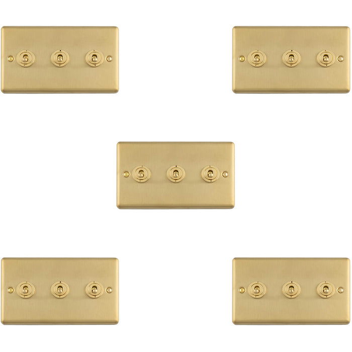 5 PACK 3 Gang Triple Retro Toggle Light Switch SATIN BRASS 10A 2 Way Lever Plate