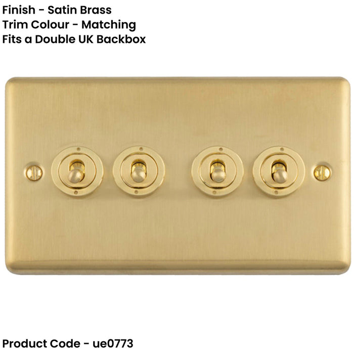 4 Gang Quad Retro Toggle Light Switch SATIN BRASS 10A 2 Way Lever Plate