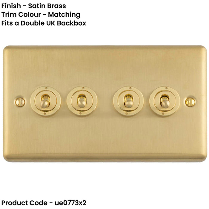 2 PACK 4 Gang Quad Retro Toggle Light Switch SATIN BRASS 10A 2 Way Lever Plate