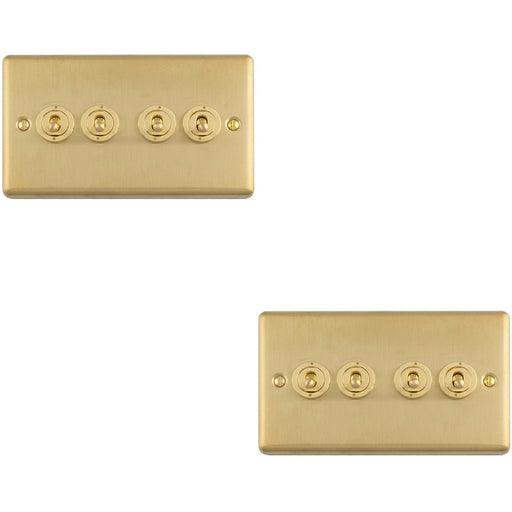 2 PACK 4 Gang Quad Retro Toggle Light Switch SATIN BRASS 10A 2 Way Lever Plate