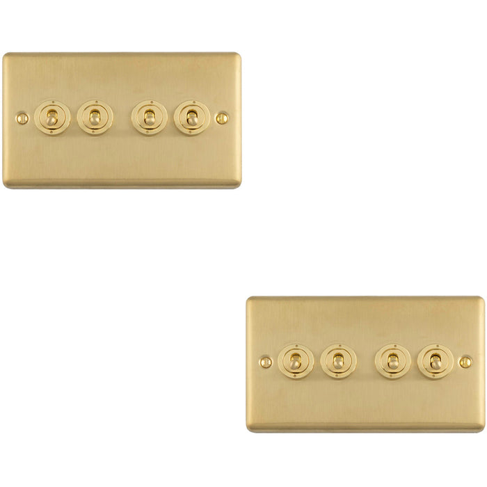 2 PACK 4 Gang Quad Retro Toggle Light Switch SATIN BRASS 10A 2 Way Lever Plate