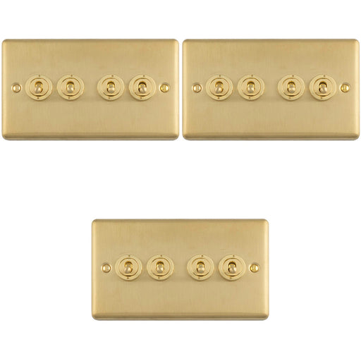 3 PACK 4 Gang Quad Retro Toggle Light Switch SATIN BRASS 10A 2 Way Lever Plate
