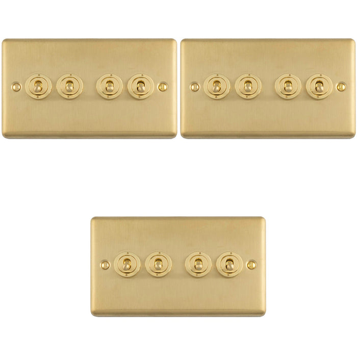 3 PACK 4 Gang Quad Retro Toggle Light Switch SATIN BRASS 10A 2 Way Lever Plate