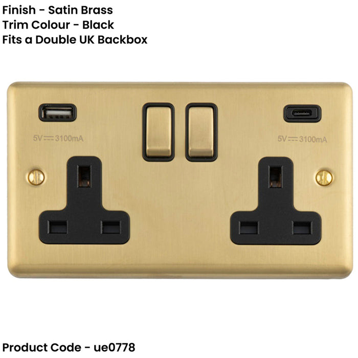2 Gang Double UK Plug Socket & Dual 3.1A USB C USB A SATIN BRASS & BLACK 13A Switched