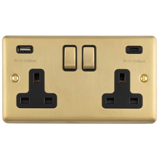 2 Gang Double UK Plug Socket & Dual 3.1A USB C USB A SATIN BRASS & BLACK 13A Switched
