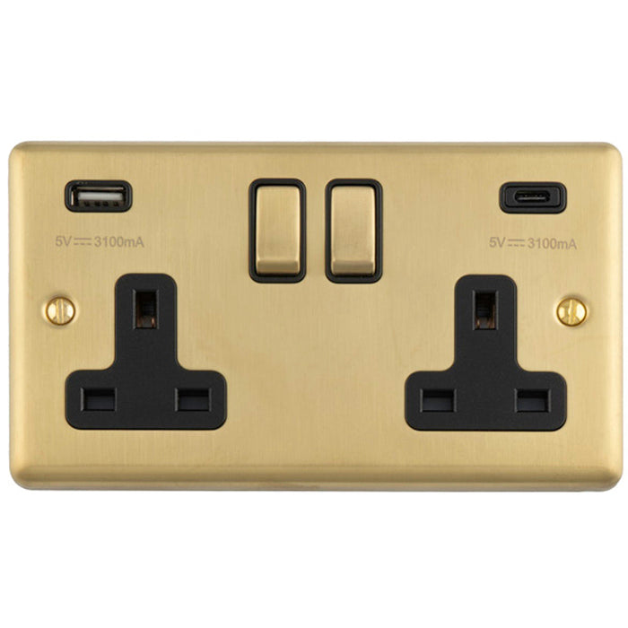 2 Gang Double UK Plug Socket & Dual 3.1A USB C USB A SATIN BRASS & BLACK 13A Switched