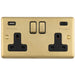 2 Gang Double UK Plug Socket & Dual 3.1A USB C USB A SATIN BRASS & BLACK 13A Switched