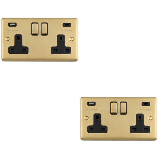 2 PACK 2 Gang Double UK Plug Socket & Dual 3.1A USB C USB A SATIN BRASS & BLACK 13A Switched