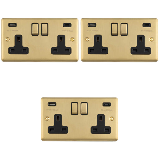 3 PACK 2 Gang Double UK Plug Socket & Dual 3.1A USB C USB A SATIN BRASS & BLACK 13A Switched