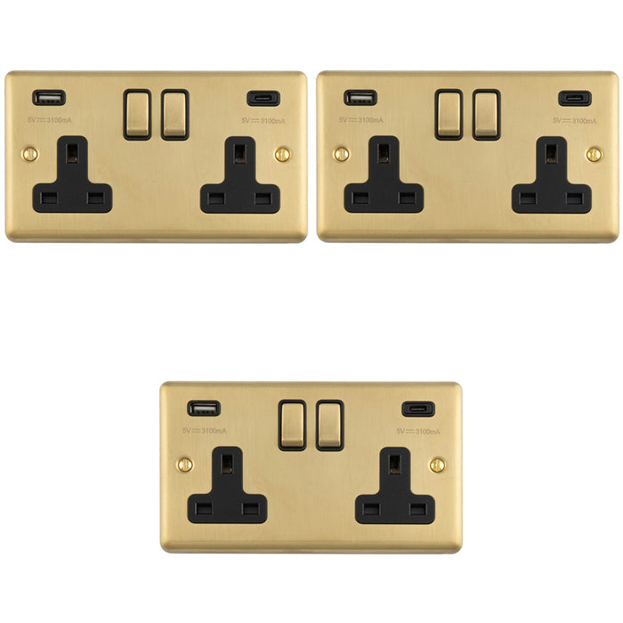 3 PACK 2 Gang Double UK Plug Socket & Dual 3.1A USB C USB A SATIN BRASS & BLACK 13A Switched