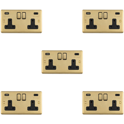 5 PACK 2 Gang Double UK Plug Socket & Dual 3.1A USB C USB A SATIN BRASS & BLACK 13A Switched