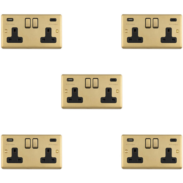 5 PACK 2 Gang Double UK Plug Socket & Dual 3.1A USB C USB A SATIN BRASS & BLACK 13A Switched