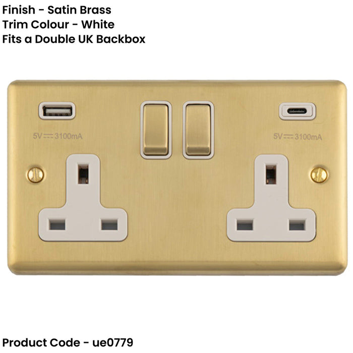 2 Gang Double UK Plug Socket & Dual 3.1A USB C USB A SATIN BRASS & WHITE 13A Switched