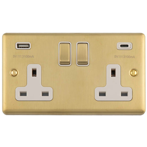 2 Gang Double UK Plug Socket & Dual 3.1A USB C USB A SATIN BRASS & WHITE 13A Switched