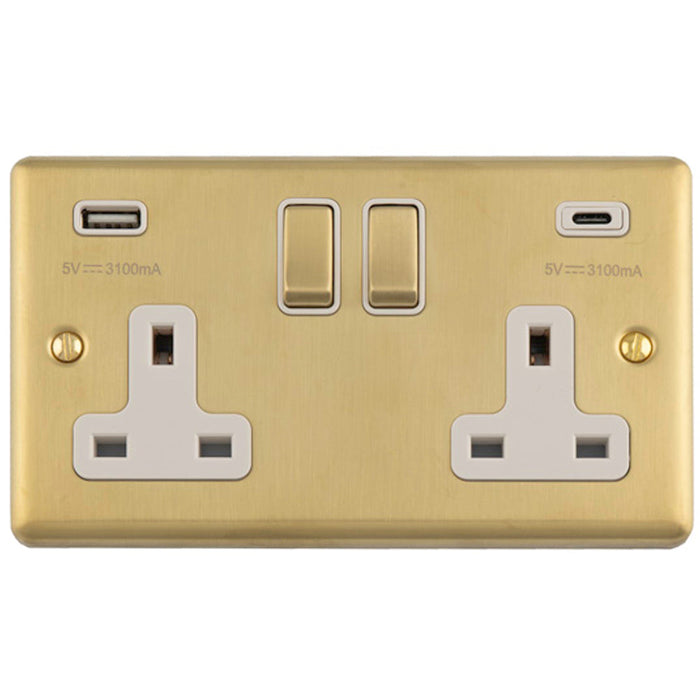 2 Gang Double UK Plug Socket & Dual 3.1A USB C USB A SATIN BRASS & WHITE 13A Switched