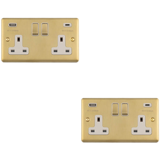 2 PACK 2 Gang Double UK Plug Socket & Dual 3.1A USB C USB A SATIN BRASS & WHITE 13A Switched