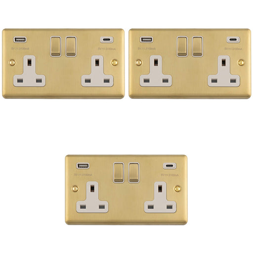 3 PACK 2 Gang Double UK Plug Socket & Dual 3.1A USB C USB A SATIN BRASS & WHITE 13A Switched