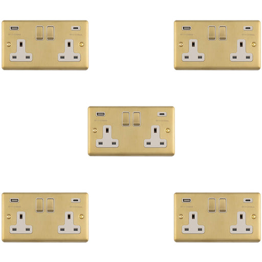 5 PACK 2 Gang Double UK Plug Socket & Dual 3.1A USB C USB A SATIN BRASS & WHITE 13A Switched