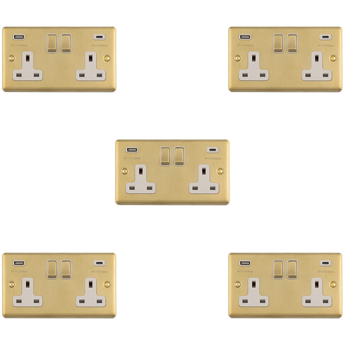 5 PACK 2 Gang Double UK Plug Socket & Dual 3.1A USB C USB A SATIN BRASS & WHITE 13A Switched