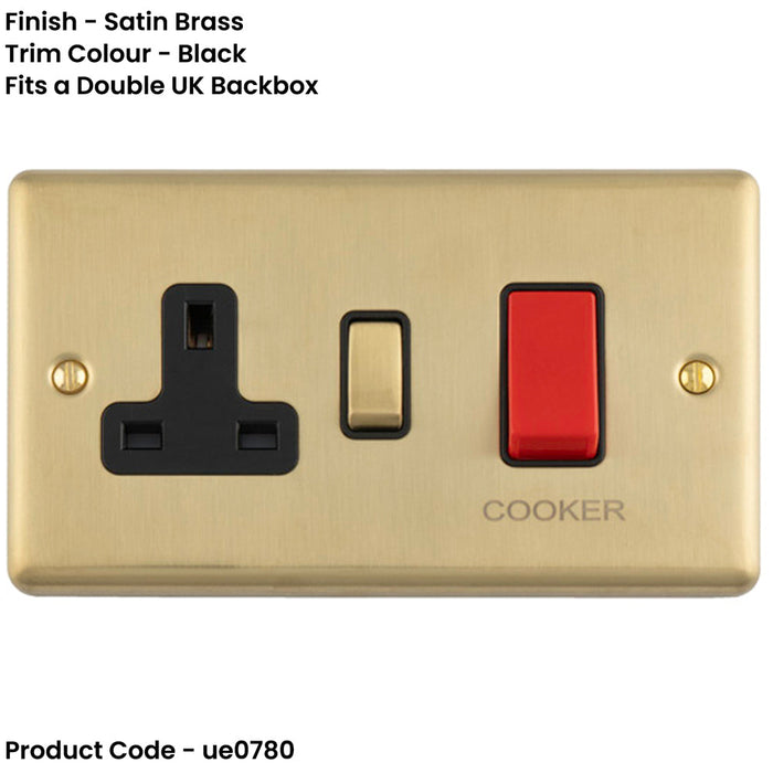 45A DP Oven Switch & Single 13A Switched Power Socket SATIN BRASS & BLACK Cooker Wall Outlet