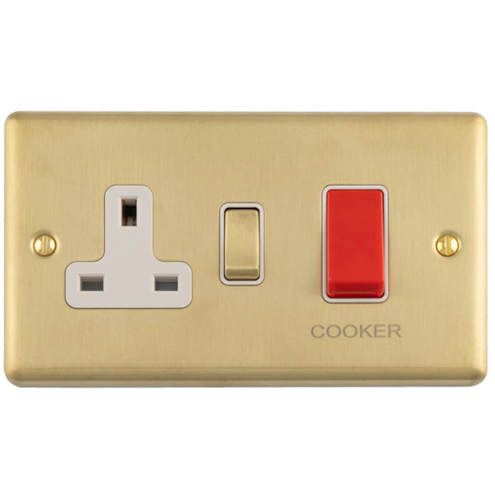 45A DP Oven Switch & Single 13A Switched Power Socket SATIN BRASS & WHITE Cooker Wall Outlet