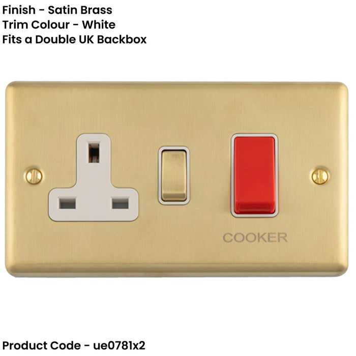 2 PACK 45A DP Oven Switch & Single 13A Switched Power Socket SATIN BRASS & WHITE Cooker Wall Outlet