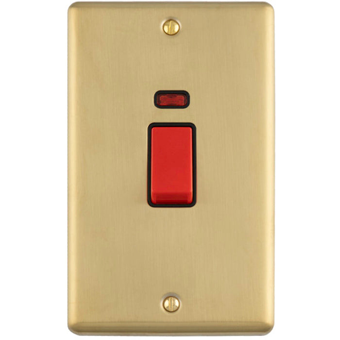 2 Gang Double Vertical 45A DP Cooker Switch & Neon SATIN BRASS & BLACK Oven Appliance