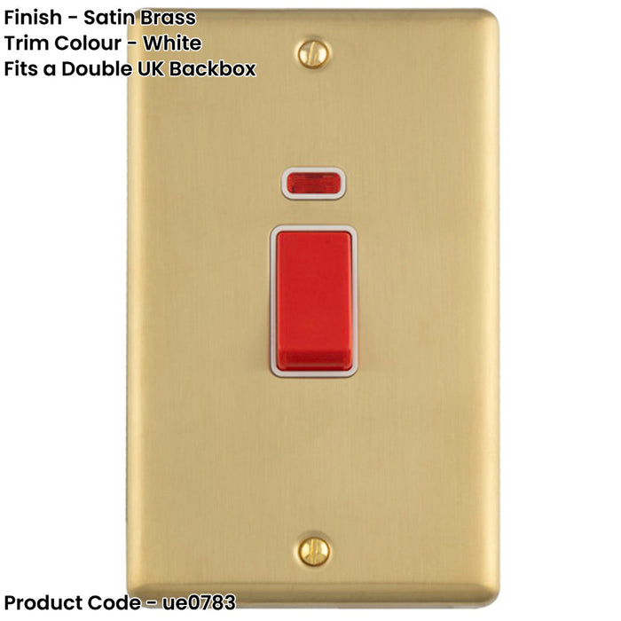 2 Gang Double Vertical 45A DP Cooker Switch & Neon SATIN BRASS & WHITE Oven Appliance