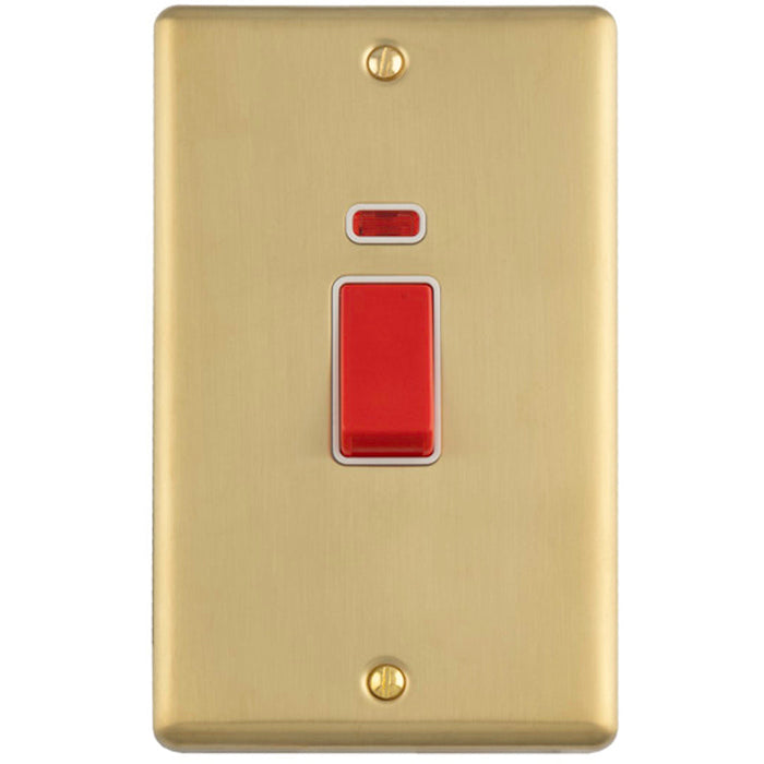 2 Gang Double Vertical 45A DP Cooker Switch & Neon SATIN BRASS & WHITE Oven Appliance