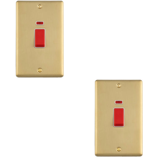 2 PACK 2 Gang Double Vertical 45A DP Cooker Switch & Neon SATIN BRASS & WHITE Oven Appliance