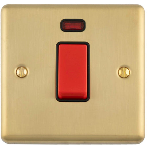 1 Gang Single 45A Cooker Switch & Neon SATIN BRASS & BLACK TRIM Rocker DP