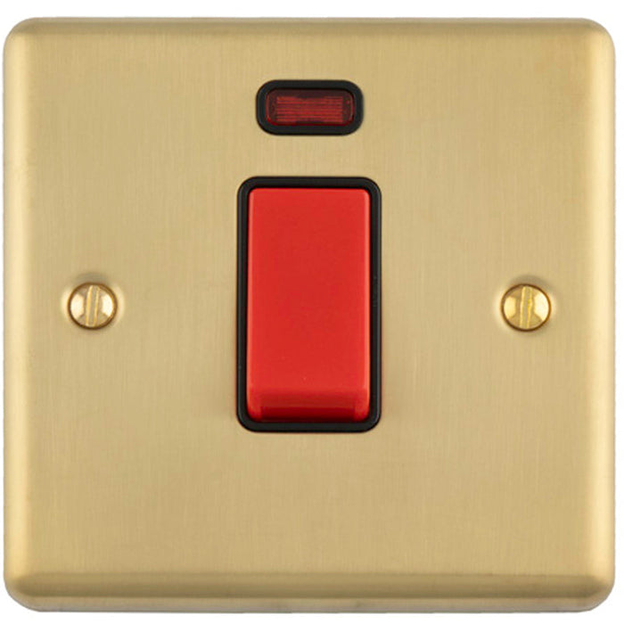 1 Gang Single 45A Cooker Switch & Neon SATIN BRASS & BLACK TRIM Rocker DP