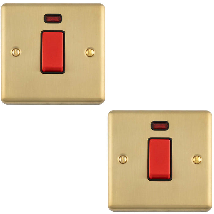 2 PACK 1 Gang Single 45A Cooker Switch & Neon SATIN BRASS & BLACK TRIM Rocker DP