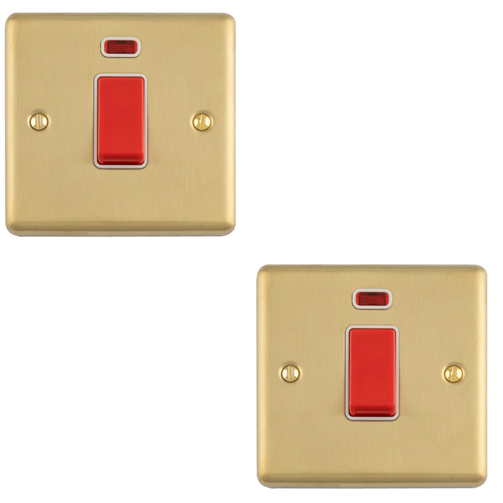 2 PACK 1 Gang Single 45A Cooker Switch & Neon - SATIN BRASS & WHITE TR ...