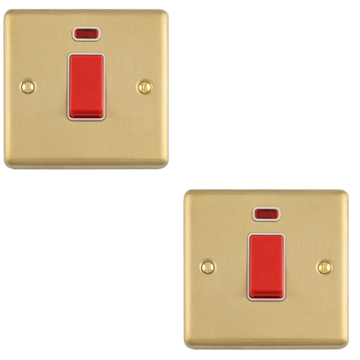 2 PACK 1 Gang Single 45A Cooker Switch & Neon SATIN BRASS & WHITE TRIM Rocker DP