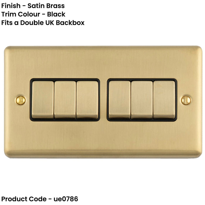 6 Gang Multi Light Switch SATIN BRASS 2 Way 10A Black Trim & Metal Rocker