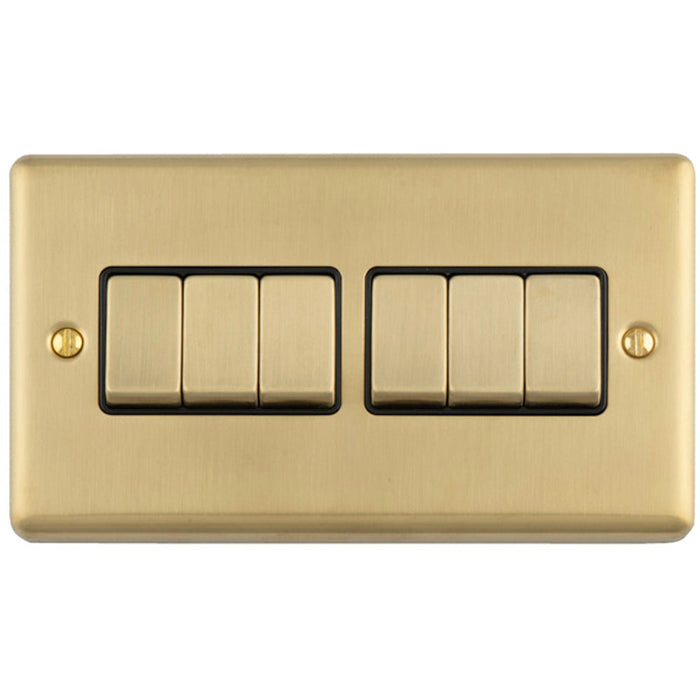 6 Gang Multi Light Switch SATIN BRASS 2 Way 10A Black Trim & Metal Rocker