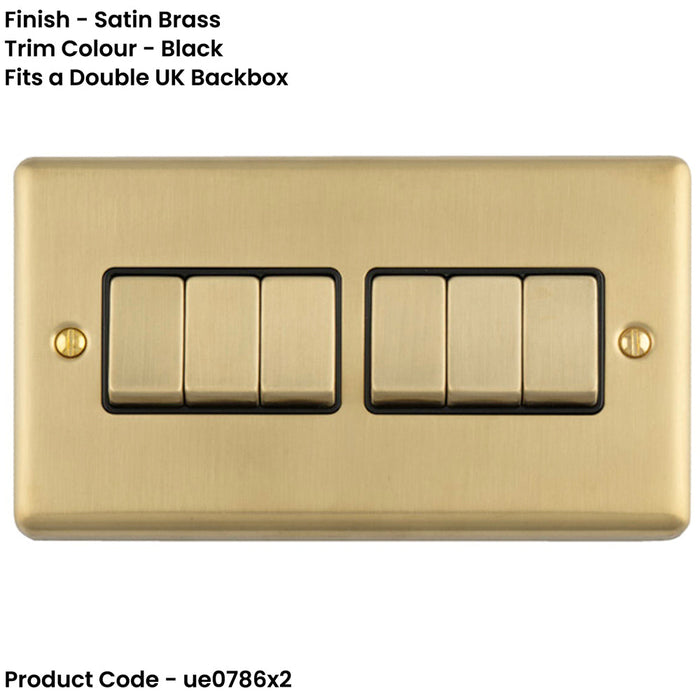 2 PACK 6 Gang Multi Light Switch SATIN BRASS 2 Way 10A Black Trim & Metal Rocker