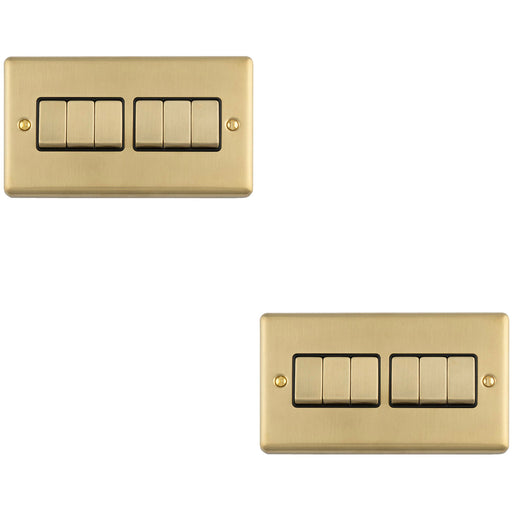 2 PACK 6 Gang Multi Light Switch SATIN BRASS 2 Way 10A Black Trim & Metal Rocker