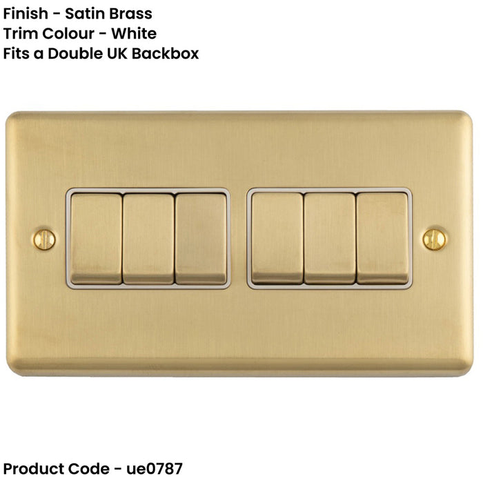 6 Gang Multi Light Switch SATIN BRASS 2 Way 10A White Trim & Metal Rocker
