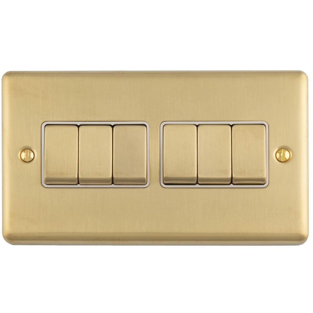 6 Gang Multi Light Switch SATIN BRASS 2 Way 10A White Trim & Metal Roc ...