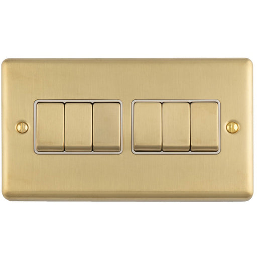 6 Gang Multi Light Switch SATIN BRASS 2 Way 10A White Trim & Metal Rocker