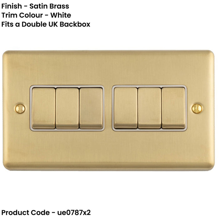 2 PACK 6 Gang Multi Light Switch SATIN BRASS 2 Way 10A White Trim & Metal Rocker