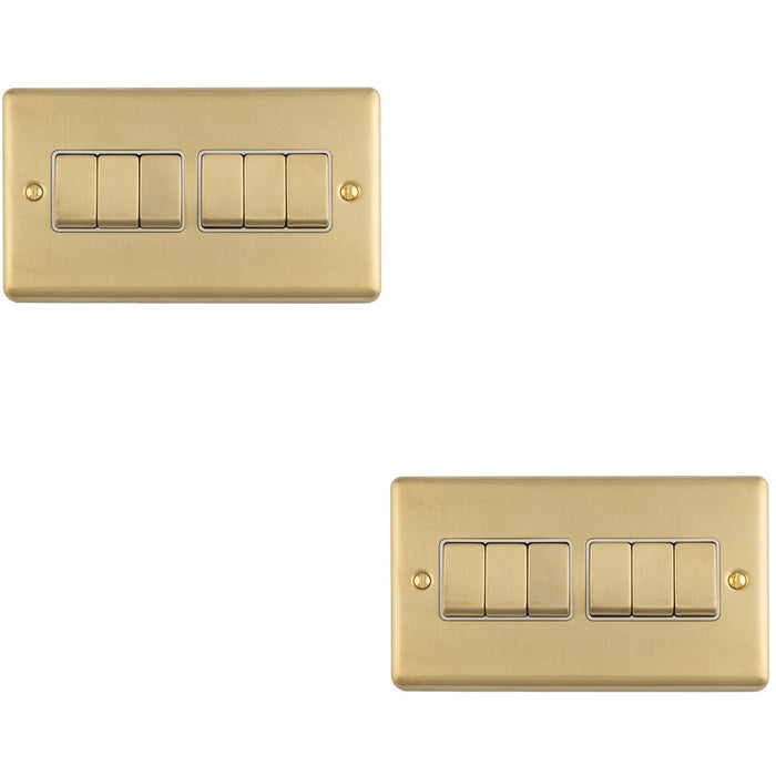 2 PACK 6 Gang Multi Light Switch SATIN BRASS 2 Way 10A White Trim & Metal Rocker